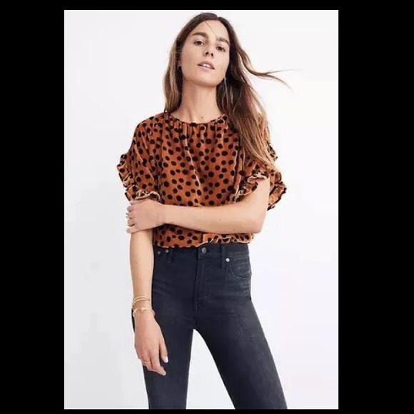 MADEWELL Velvet Memento Ruffle-Sleeve Top in Leopard Dot - Picture 1 of 6